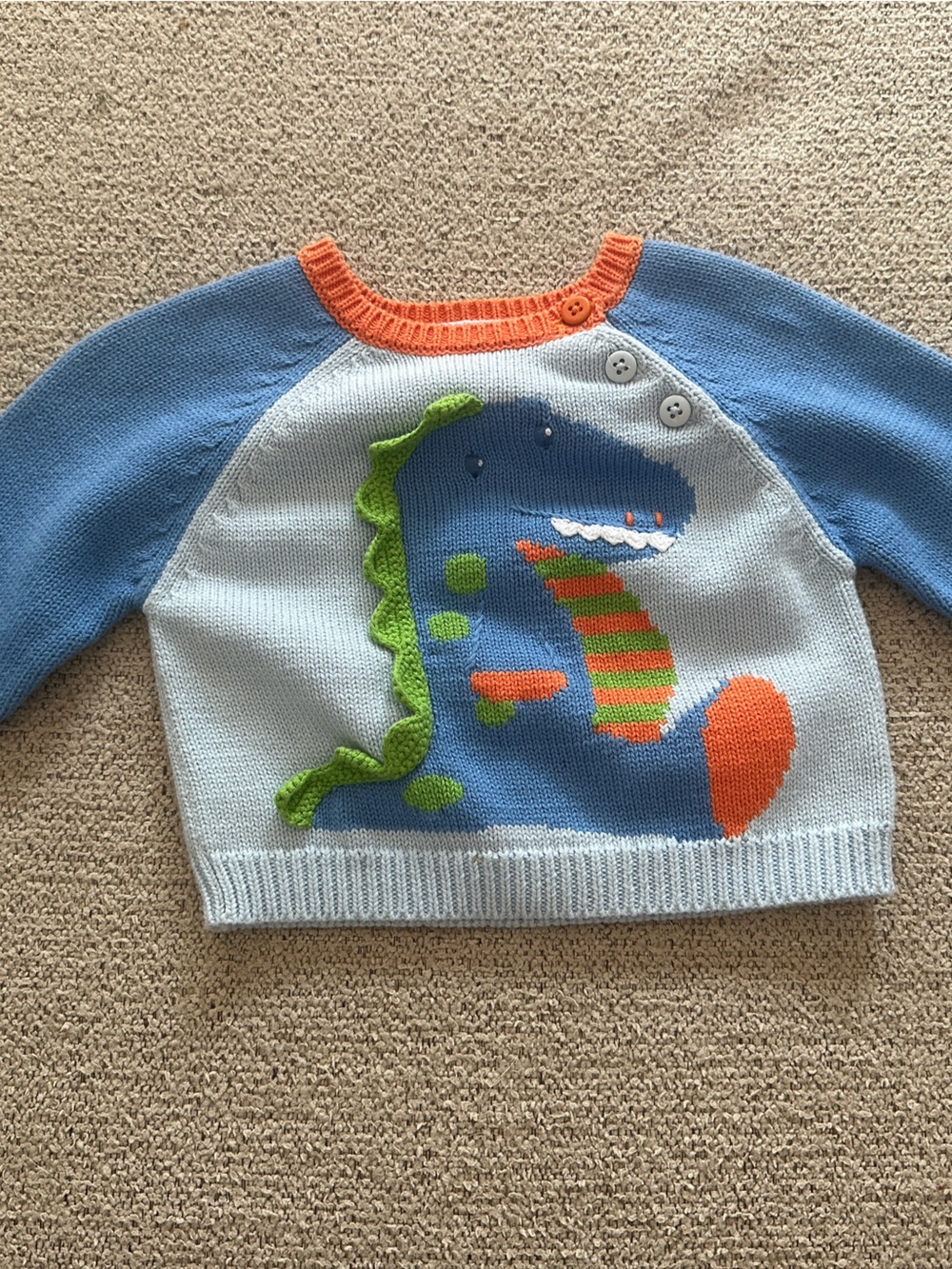 Blue Knit Dino Sweater with Orange Trim for Baby 9M